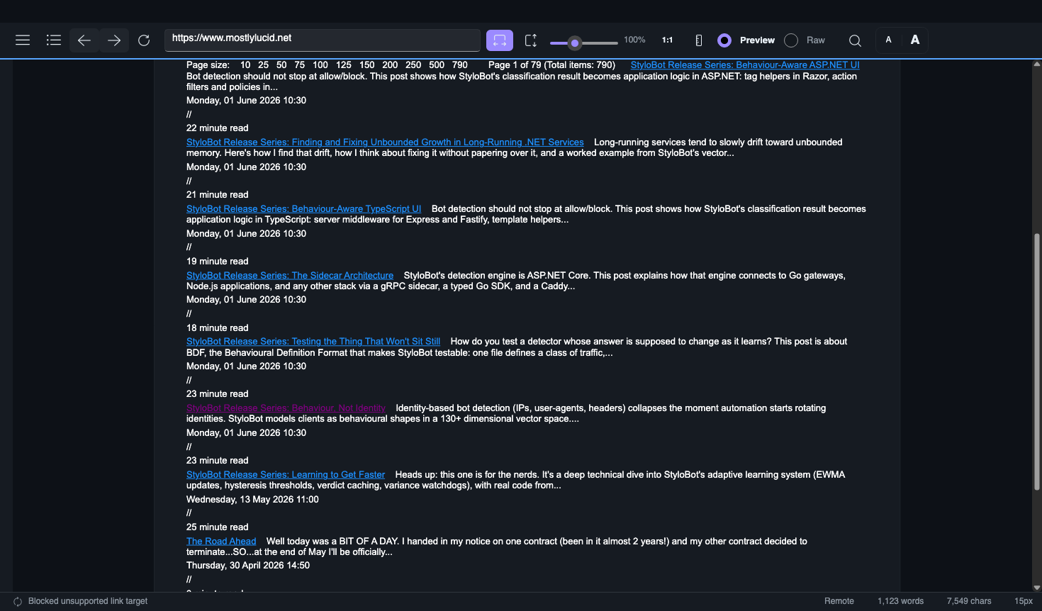 mostlylucid.net rendu dans lucidVIEW après la version v1.7.1 walker fix : chaque blogM SK3la carte de messagerie se lit comme un véritable lien à cliquer avec son résumé en tant que paragraphe appropriéMSC4 au lieu d'un parenthèseMNK5texte à l'intérieur d'une boucle de codeMRK6